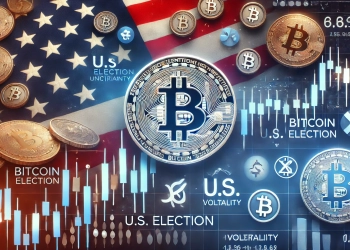 Bitcoin reacting to U.S. election uncertainty featuring symbols for Bitcoin and the American flag subtly integrated in the backg