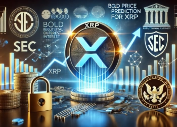 Bold Price Prediction for XRP with a prominent XRP logo financial charts showing upward trends and a hint of institution