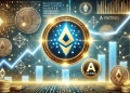 Cardano ADA as an elite cryptocurrency featuring a glowing Cardano logo in the center with upward pric