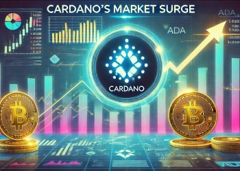 Cardano is ADA recent rise in the cryptocurrency market featuring the Cardano logo prominently against a background of dig