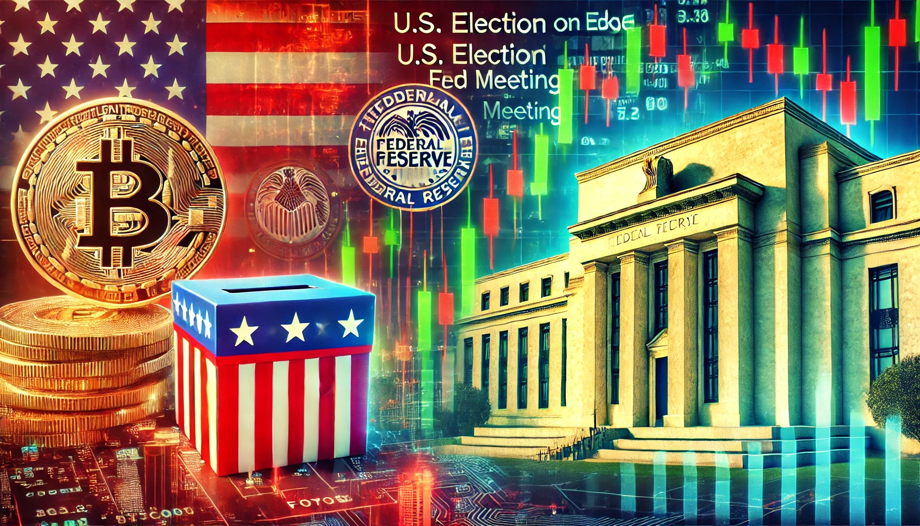 Crypto Market on Edge U.S. Election and Fed Meeting with symbols for Bitcoin a U.S. flag or ballot box and the Federal Res