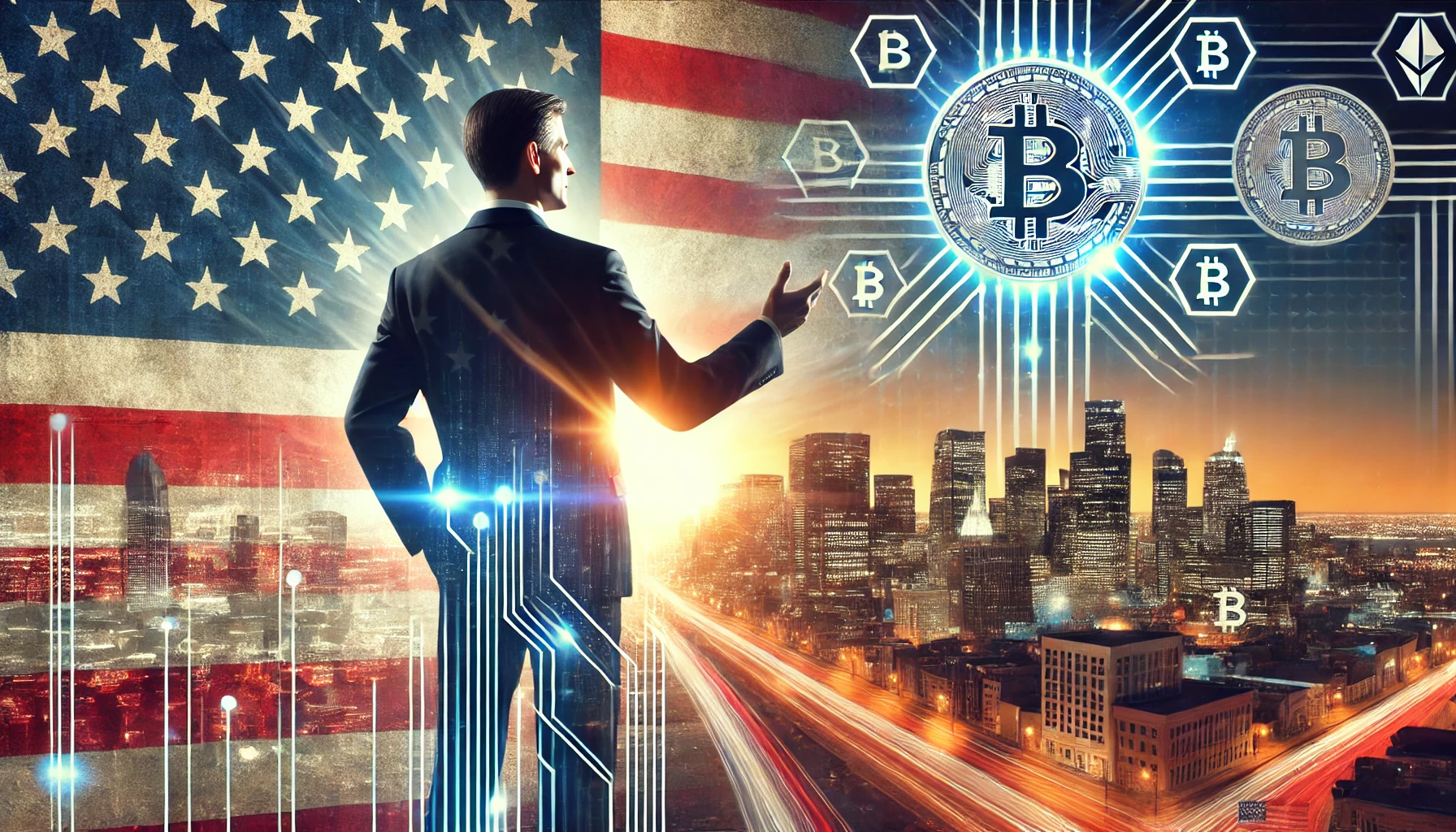 An inspiring fictional political figure stands before a futuristic American cityscape, filled with digital financial symbols like Bitcoin and other cryptocurrency icons. The politician gestures toward a bright horizon, symbolizing a vision for innovation in U.S. finance. The tone is dramatic and patriotic, with digital and traditional elements merging in the skyline.