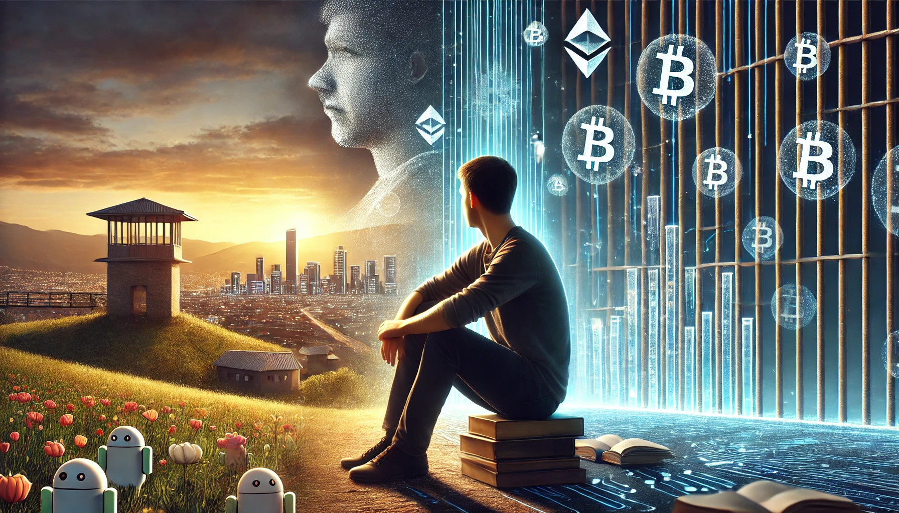 Changpeng Zhao stands in a reflective pose, surrounded by a serene atmosphere. The background transitions from a dim prison cell to a bright futuristic cityscape, symbolizing his journey from past struggles to future ambitions. Cryptocurrency symbols are subtly integrated into the cityscape, with educational icons in the foreground, representing his focus on digital education with Giggle Academy.