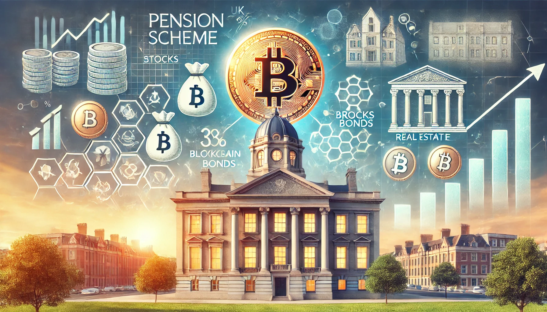 A UK pension fund building with a large Bitcoin symbol on its facade, symbolizing a 3% allocation to cryptocurrency. Traditional financial icons like stocks, bonds, and real estate appear alongside blockchain and digital currency elements, illustrating the fund’s venture into digital assets.