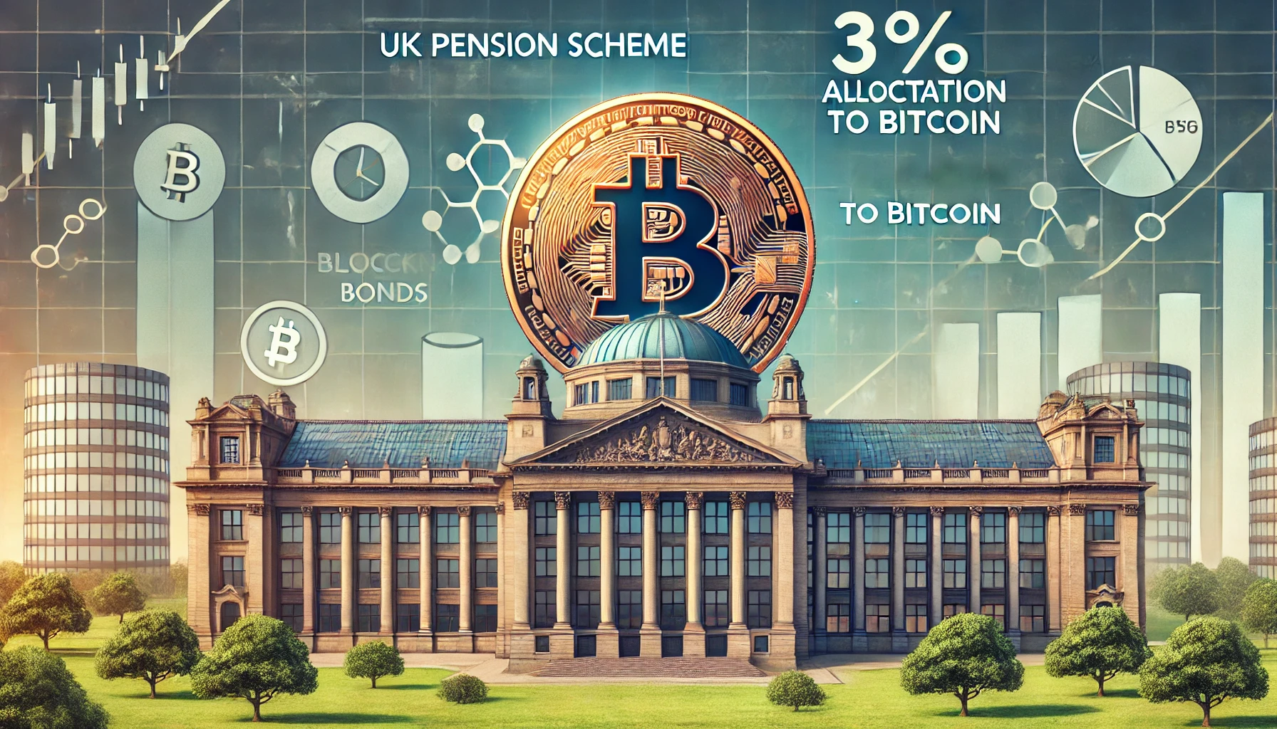 A classic UK pension scheme building featuring a prominent Bitcoin symbol, representing the fund’s addition of cryptocurrency. Traditional investment symbols blend with Bitcoin and blockchain icons, highlighting the combination of traditional and digital assets in the pension’s portfolio.