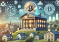 A high-quality image of a UK pension fund building adorned with a large Bitcoin symbol, signifying a 3% allocation to cryptocurrency. Traditional finance icons such as bonds and stocks subtly merge with blockchain motifs, symbolizing the fund’s diversified approach by including Bitcoin.