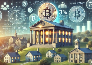 A high-quality image of a UK pension fund building adorned with a large Bitcoin symbol, signifying a 3% allocation to cryptocurrency. Traditional finance icons such as bonds and stocks subtly merge with blockchain motifs, symbolizing the fund’s diversified approach by including Bitcoin.