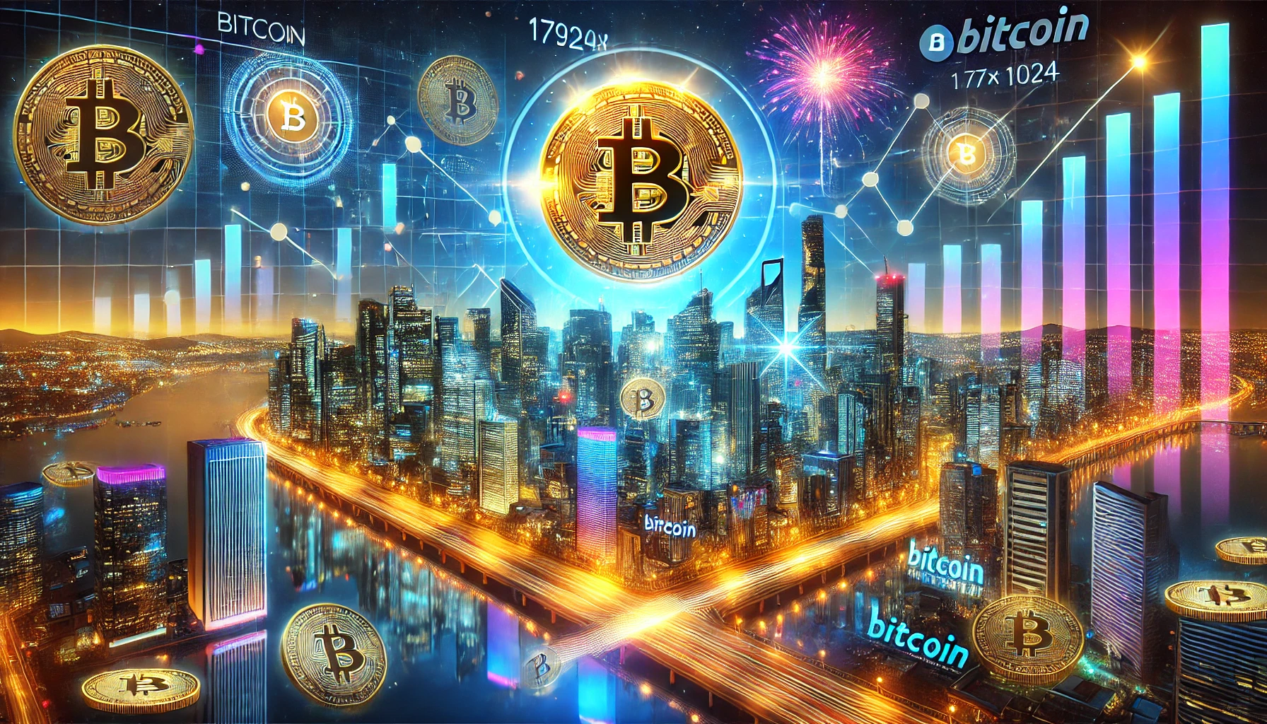 Futuristic cityscape at night with neon lights and digital screens displaying Bitcoin at an all-time high. Large Bitcoin logos are visible on building screens alongside upward-trending financial charts. The sky features fireworks and rising golden Bitcoin coins, symbolizing a celebratory mood and optimism in the crypto market.