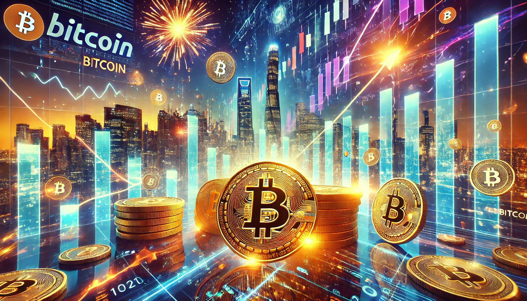 Modern digital scene showcasing Bitcoin symbols glowing against a backdrop of vibrant financial charts hitting new highs. Golden Bitcoin coins float in front of futuristic skyscrapers, while digital fireworks light up the sky, representing the post-election surge in Bitcoin and an energized cryptocurrency market.