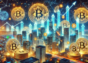 Dynamic cityscape with futuristic skyscrapers displaying giant digital Bitcoin logos. Financial graphs are soaring upward across the scene, with golden Bitcoin coins scattered throughout. Neon lights illuminate the skyline, and digital fireworks and confetti fill the sky, symbolizing growth and optimism in the cryptocurrency market.