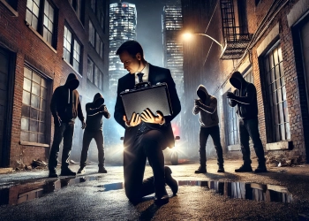 A gritty, intense night scene in a Toronto alleyway. A distressed businessman is seen handing over a briefcase to hooded figures, symbolizing a ransom exchange. The dark alley is framed by towering shadows of nearby skyscrapers, while distant police sirens flash, adding a sense of suspense and urgency.