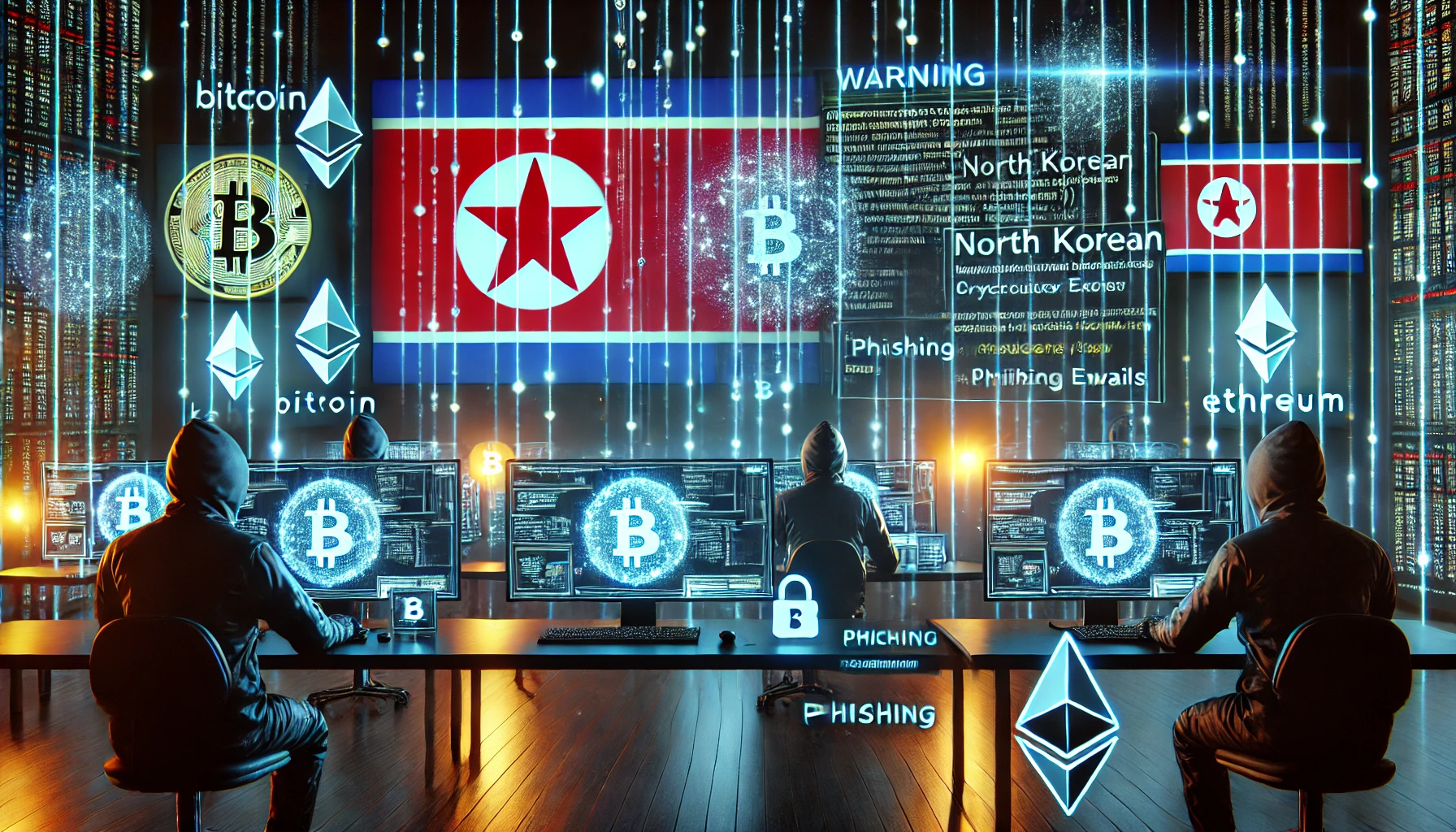 Futuristic scene of a cyberattack by North Korean hackers on cryptocurrency platforms. Digital codes cascade across screens, with subtle North Korean flags in the background. Multiple monitors display warning symbols, cryptocurrency icons under threat, and encrypted messages. The setting is a dark, neon-lit room with phishing emails hovering around, symbolizing sophisticated malware attacks.