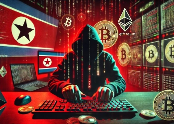 Dramatic cyber warfare scene depicting North Korean hackers breaching cryptocurrency exchanges. A shadowy figure types on a keyboard, surrounded by red alerts and malware codes on screens. Lines of code flow into a cracked digital vault representing compromised crypto assets. The dark atmosphere with red and green lighting emphasizes the hidden dangers of cyber espionage.