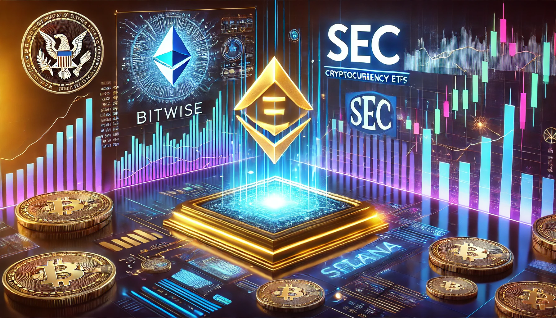 DALL·E 2024 11 22 15.46.13 A high tech financial landscape scene representing the competition in cryptocurrency ETFs. Display a glowing Solana logo alongside the Bitwise logo w