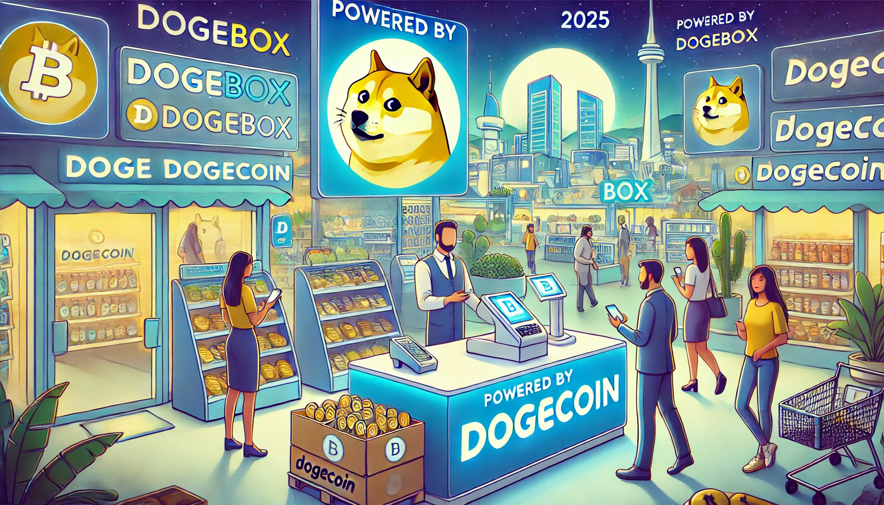 DALL·E 2024 11 26 15.12.59 A landscape illustration of a vibrant futuristic retail environment in 2025 where Dogecoin is the primary currency. The scene features a checkout cou