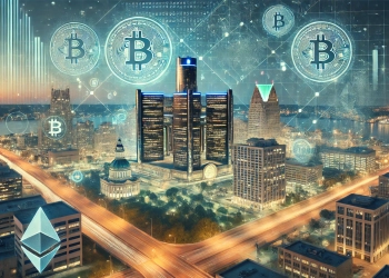 Detroit is adoption of cryptocurrency for public payments. Show a futuristic cityscape of Detroit with symbols of major crypt