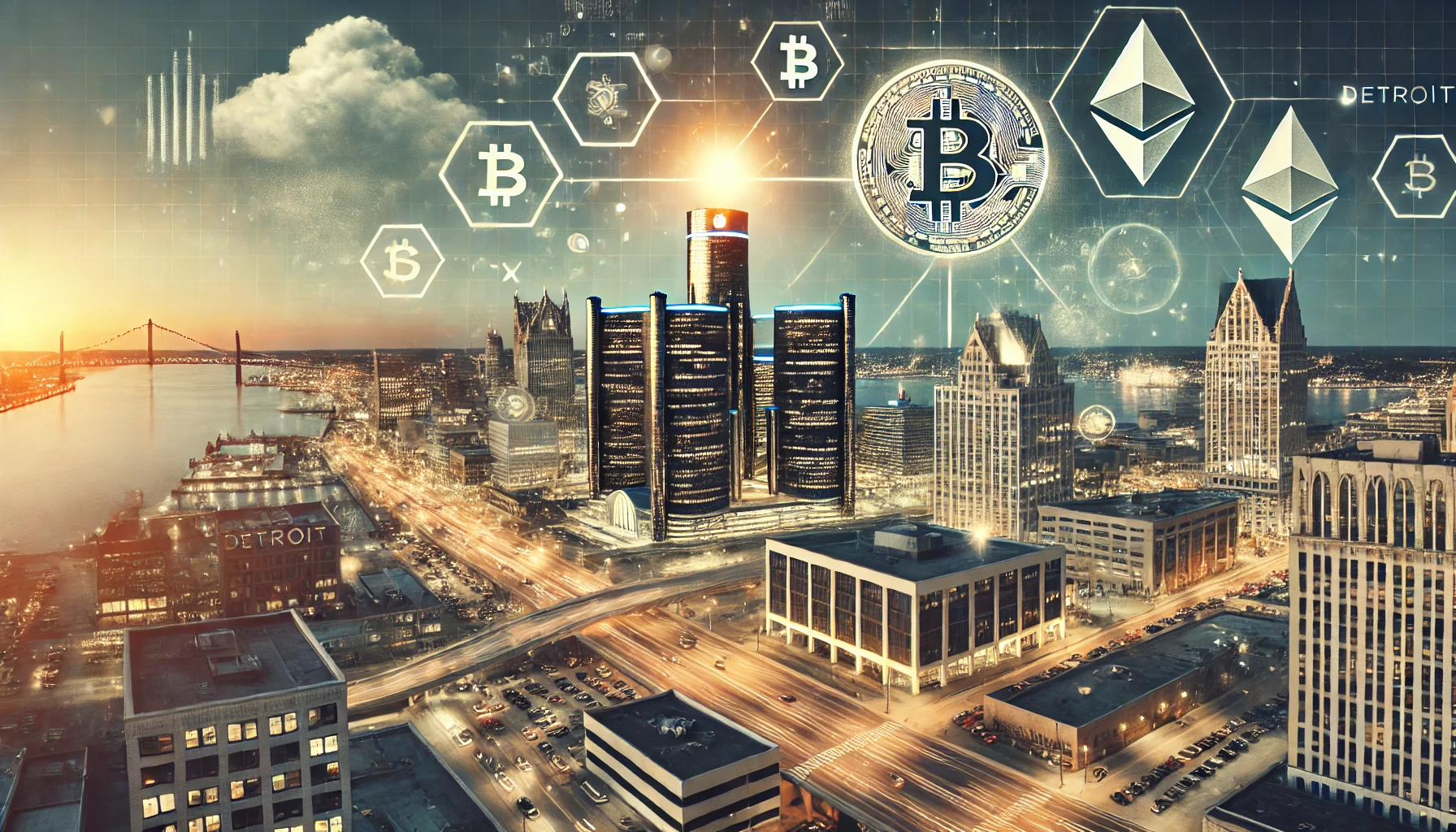 Detroit is adoption of cryptocurrency for tax and city fee payments. Show a modern cityscape of Detroit with elements of digi