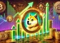 Dogecoin is bullish price momentum and breakout potential. The scene includes a glowing Dogecoin logo Shi