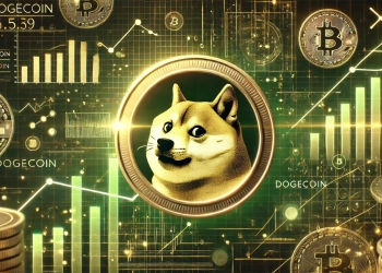 Dogecoin is recent rise in the cryptocurrency market. The image features a large Dogecoin symbol with abstract digital charts