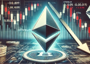 Ethereum ETH facing a potential price decline. The Ethereum logo is displayed prominently in a digital financial market inter