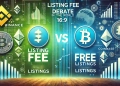 Listing Fee Debate in the Crypto World with symbols of major centralized exchanges like Binance and Coinbase. The backgrou