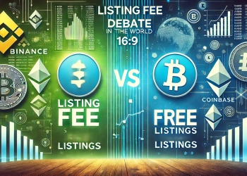 Listing Fee Debate in the Crypto World with symbols of major centralized exchanges like Binance and Coinbase. The backgrou