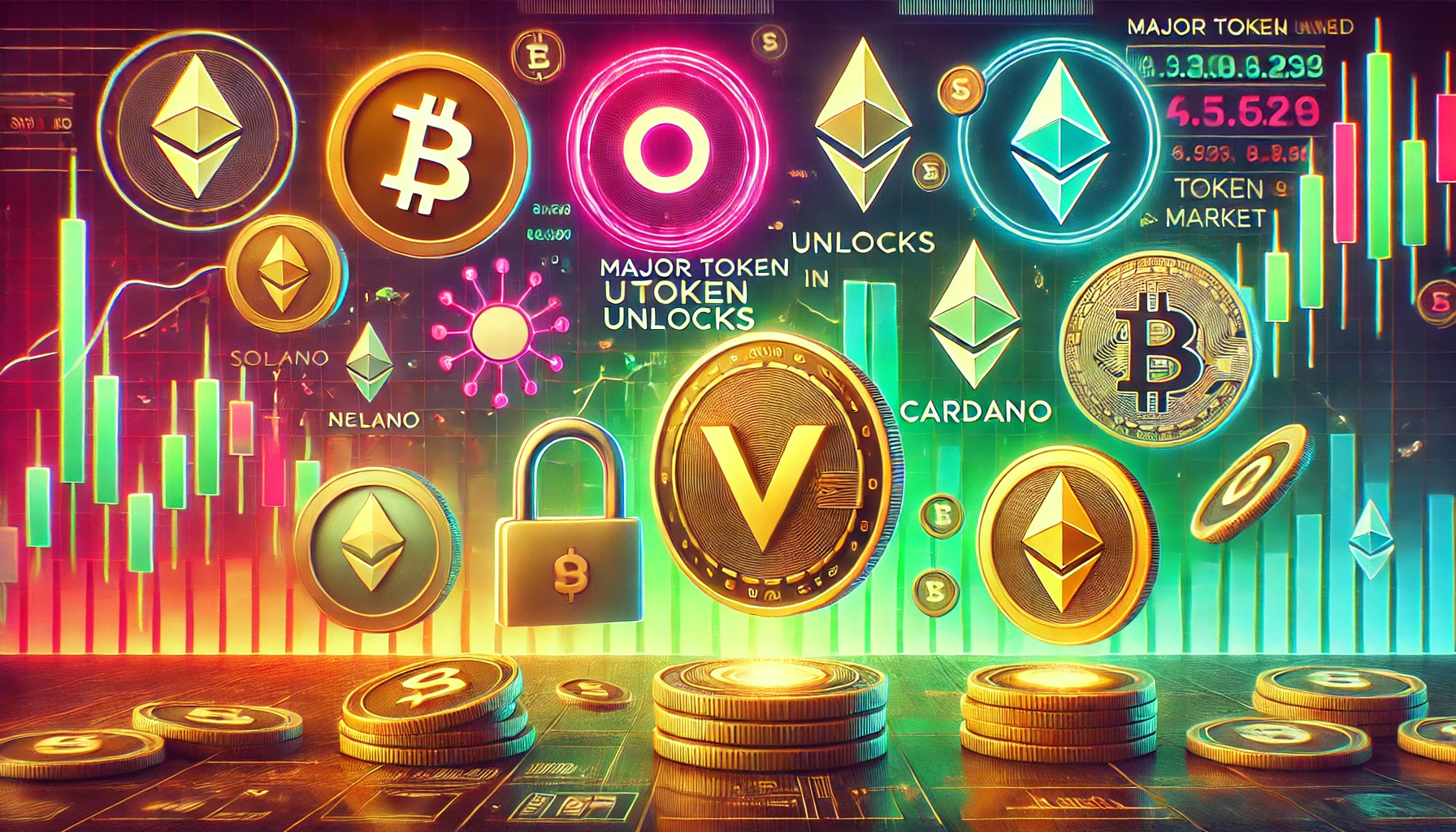 Major Token Unlocks in Crypto Market with symbols of popular altcoins like Neon Cardano Solana and Worldcoin. Backgroun