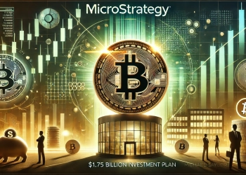 MicroStrategy is bold 1.75 billion Bitcoin investment plan. The scene features a glowing Bitcoin symbol pro