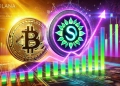 Solana SOL and Bitcoin symbolizing their strong market performance. Solana is glowing logo in vibrant