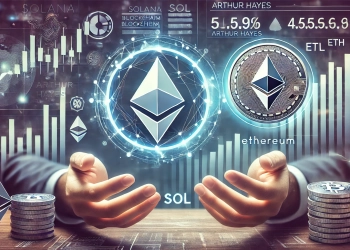 Solana SOL prominently with elements suggesting a comparison to Ethereum ETH. The background includes financial charts blo