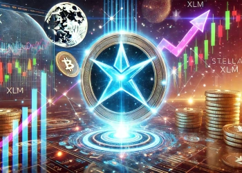 Stellar XLM in a prominent position. The scene features a glowing Stellar logo surrounded by dynamic cryptocurren