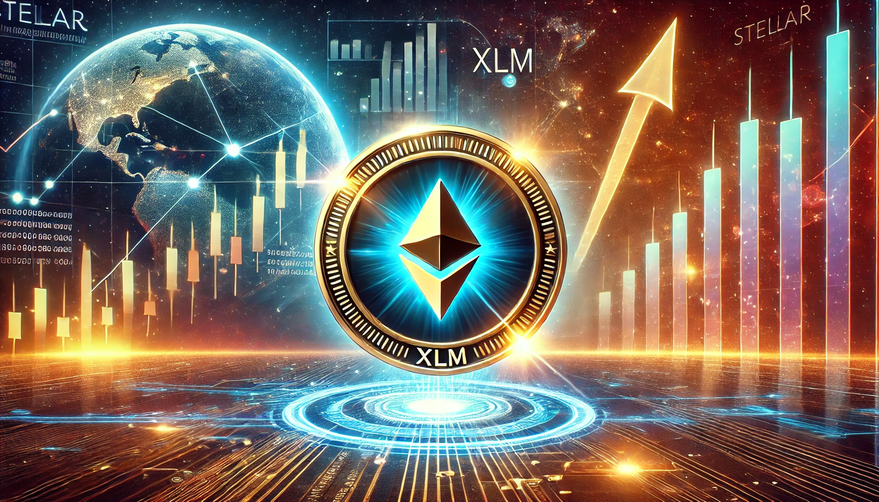 Stellar XLM with a glowing cryptocurrency coin featuring the Stellar logo in the center. The background include