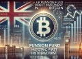 UK pension fund is direct investment in Bitcoin a historic first. Show a Bitcoin symbol prominently with subtle financial