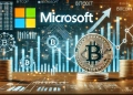 around Microsoft is potential investment in Bitcoin featuring the Bitcoin symbol alongside the Microsoft logo. Show financial elem