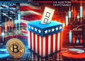 around U.S. Election Impact on Crypto Market with symbols of Bitcoin a U.S. ballot box and the American flag. The background i