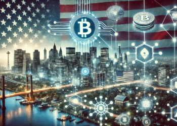 around blockchain innovation in the United States capturing the idea of a Crypto Silicon Valley. Show a digital futuristic cit