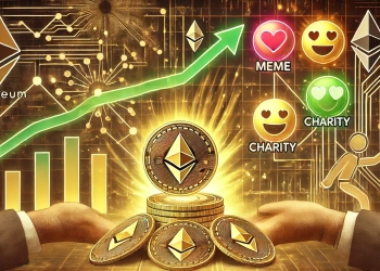 cryptocurrency philanthropy featuring abstract Ethereum ETH coins and colorful symbols of meme coins bei