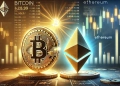 depicting Bitcoin and Ethereum side by side showcasing Bitcoin is dominance with a large golden Bitcoi