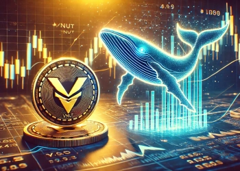 depicting a large digital whale symbol next to a digital coin labeled Pnut symbolizing a whale investor missing