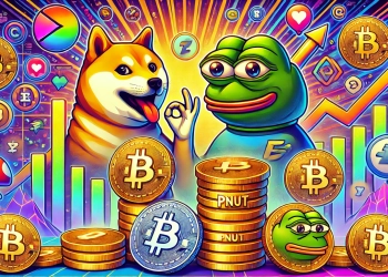 depicting the rise of meme coins like PEPE and PNUT in the cryptocurrency market. The image features playful representa