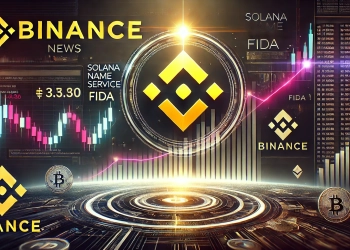 featuring Binances logo prominently with the Solana Name Service FIDA symbol rising in the background The visual includes a fu