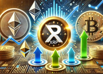 featuring XRP as the central element surrounded by Ethereum ETH and Bitcoin BTC icons in the ba