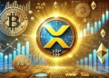 featuring XRP prominently in a golden glow symbolizing its recent rise. The background includes Bitco