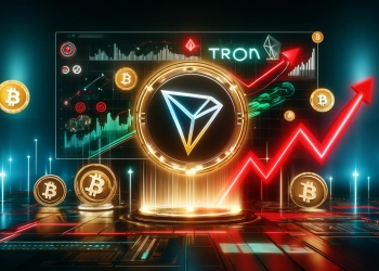 featuring the Tron TRX cryptocurrency theme. The scene includes the TRON logo prominently displayed in a futuristic di