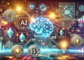 integration of artificial intelligence and blockchain technology. The image showcases glowing AI circu