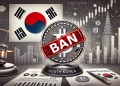 representing South Korea is strict crypto regulations. The image features a Bitcoin ETF and Coinbase sym