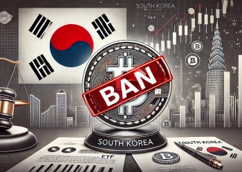 representing South Korea is strict crypto regulations. The image features a Bitcoin ETF and Coinbase sym