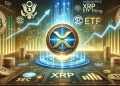 representing WisdomTree is XRP ETF filing. The image features a glowing XRP coin in the center surro