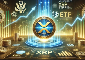 representing WisdomTree is XRP ETF filing. The image features a glowing XRP coin in the center surro