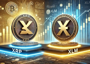 representing the comparison between XRP and XLM cryptocurrencies. The image features two prominent coins one